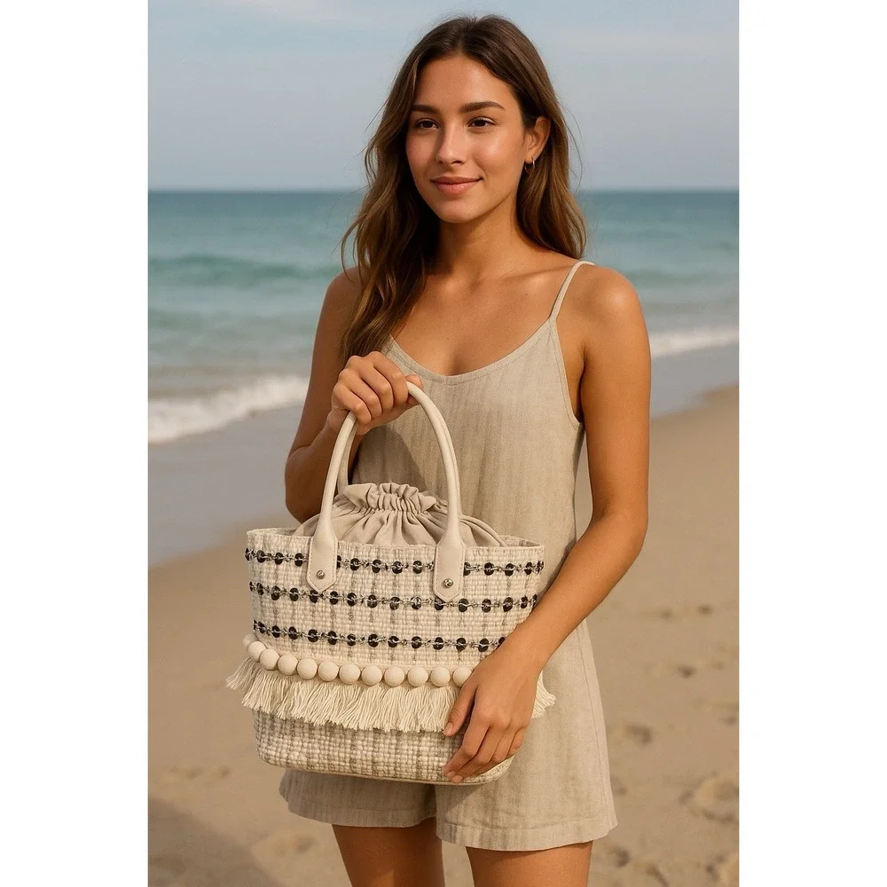 Sam Edelman Tori Tote Ivory Sequin Bag Beachy Boho Woven Drawstring Closure - Picture 1 of 11